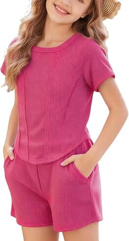 Girls Two Piece Set Ribbed Short Sleeve Crop Top and Pockets Shorts Crew Neck Casual Summer Daily School Outfit in Saudi Arabia