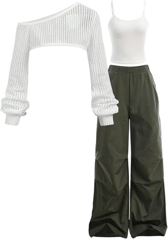 OYOANGLE Girl's Fall Clothes Set 3 Piece Cami Top and Baggy Cargo Pants with Long Sleeve Mesh Crop Tops in Saudi Arabia