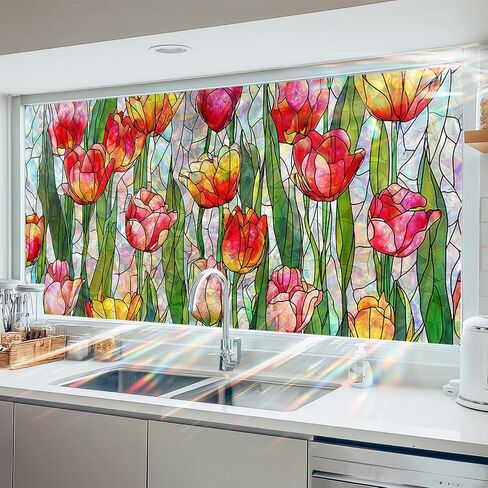 Window Film Colorful Flower Design PVC Privacy Window Film for Glass Panels 39.3x17.7 Inches Living Room Bathroom Stained Glass Windows Film Static Cling Decorative Reusable Home Decor in Saudi Arabia