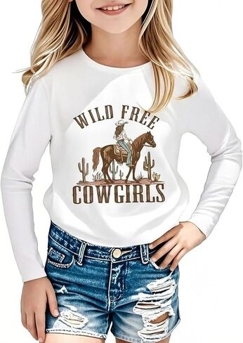 Girls Cowgirl Western Shirts - Kids Rodeo Horse Country Tee Funny Cowboy Graphic Wild Free Retro Long Sleeve Top in Saudi Arabia