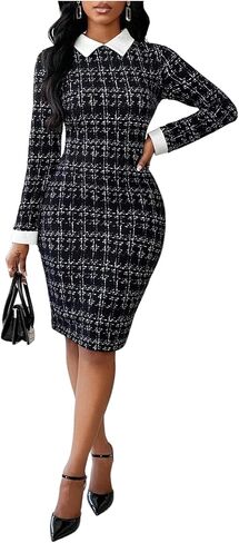 Women's Houndstooth Print Tweed Dress Elegant Long Sleeve Bodycon Business Causal Dresses in Saudi Arabia
