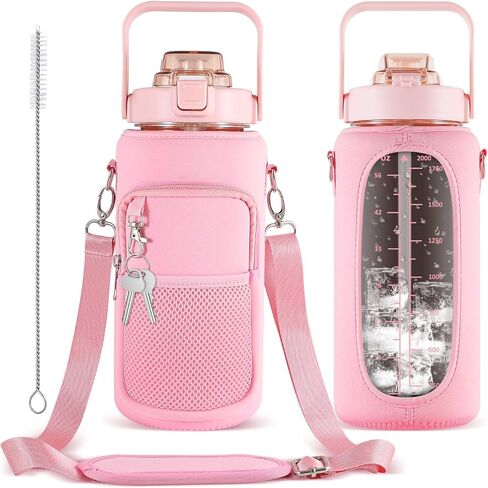 زجاجة مياه بوزن 64 أونصة مع كم، زجاجة مياه ملهمة مع ماصة وعلامة وقت للشرب، إبريق مياه رياضي مضاد للتسرب وخالي من البيسفينول أ وقابل لإعادة الاستخدام من النيوبرين للتمرين اليومي في صالة الألعاب الرياضية in Kuwait