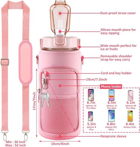 زجاجة مياه بوزن 64 أونصة مع كم، زجاجة مياه ملهمة مع ماصة وعلامة وقت للشرب، إبريق مياه رياضي مضاد للتسرب وخالي من البيسفينول أ وقابل لإعادة الاستخدام من النيوبرين للتمرين اليومي في صالة الألعاب الرياضية in Kuwait