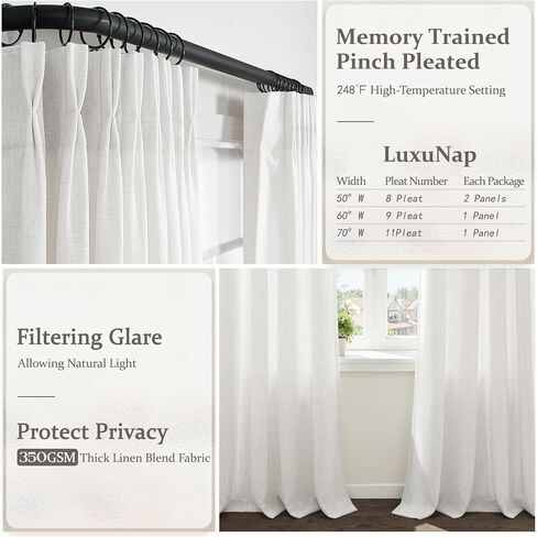 Unique 88 Inch Birch Pinch Pleat Dining Room Curtains 2 Panels Set, Memory Shape Pleated Linen Semi Sheer Heavy Curtain Light Filtering Privacy W50 x L88 Inches Long Neutral Windows Drapes Cream Beige in Saudi Arabia