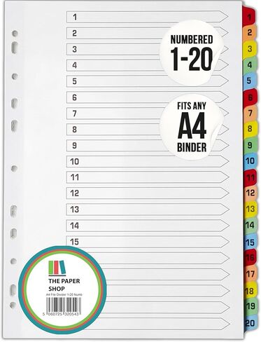 Binder Dividers with Tabs 1-20 Numbered – A4 (5 Pack) | Dividers for 3 Ring Binder | Numbered Tab Dividers for Office, School & Home Organization - The Paper Shop in Kuwait