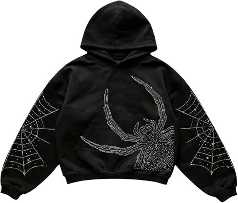Men's Glitter Rhinestone Hoodie Long Sleeve Hooded Sweatshirts Retro Party Pullover Tops in Saudi Arabia
