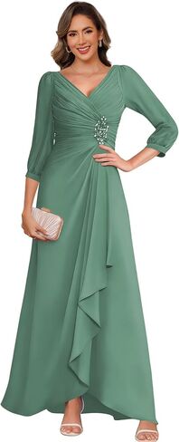 Modest 3/4 Sleeve Mother of The Bride Dresses Chiffon Ruffle A Line Black Pleated Formal Evening Gowns with Slit Size for Wedding 12 in Saudi Arabia