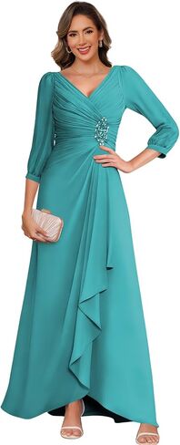 Modest 3/4 Sleeve Mother of The Bride Dresses Chiffon Ruffle A Line Black Pleated Formal Evening Gowns with Slit Size for Wedding 12 in Saudi Arabia