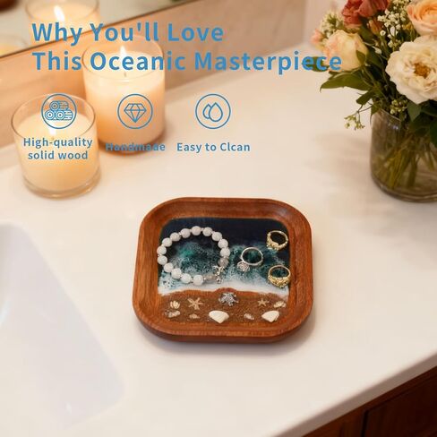 صينية مجوهرات Ocean Wave - طبق حلية مصنوع يدويًا من الراتنج مع رمل وأصداف حقيقية، حامل حلقي لديكور المنزل على شكل الشاطئ (6x6 بوصة) in Saudi Arabia