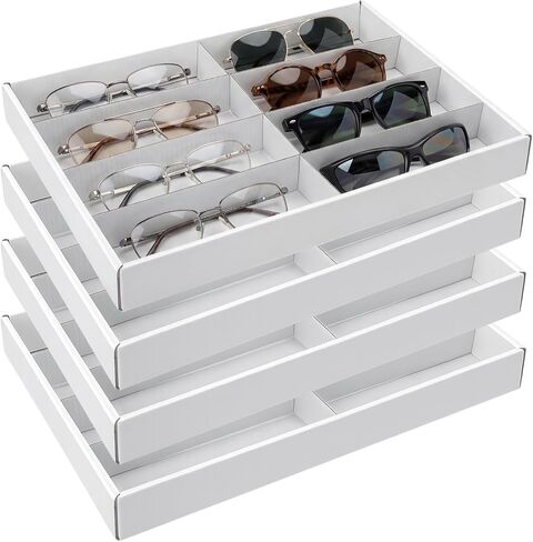 4 عبوات من صواني منظم النظارات الشمسية، 8 فتحات بيضاء لصناديق تخزين النظارات، حافظات عرض متعددة الوظائف، قابلة للتكديس لتخزين درج عرض النظارات الشمسية للنساء والرجال والساعات والمجوهرات المنزلية ومتجر البيع بالتجزئة in Kuwait