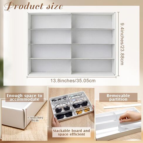 4 عبوات من صواني منظم النظارات الشمسية، 8 فتحات بيضاء لصناديق تخزين النظارات، حافظات عرض متعددة الوظائف، قابلة للتكديس لتخزين درج عرض النظارات الشمسية للنساء والرجال والساعات والمجوهرات المنزلية ومتجر البيع بالتجزئة in Kuwait