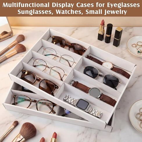 4 عبوات من صواني منظم النظارات الشمسية، 8 فتحات بيضاء لصناديق تخزين النظارات، حافظات عرض متعددة الوظائف، قابلة للتكديس لتخزين درج عرض النظارات الشمسية للنساء والرجال والساعات والمجوهرات المنزلية ومتجر البيع بالتجزئة in Kuwait