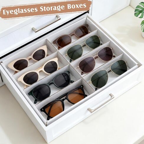 4 عبوات من صواني منظم النظارات الشمسية، 8 فتحات بيضاء لصناديق تخزين النظارات، حافظات عرض متعددة الوظائف، قابلة للتكديس لتخزين درج عرض النظارات الشمسية للنساء والرجال والساعات والمجوهرات المنزلية ومتجر البيع بالتجزئة in Kuwait