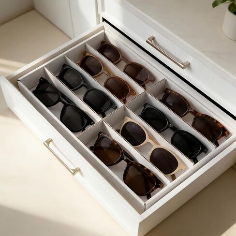 4 عبوات من صواني منظم النظارات الشمسية، 8 فتحات بيضاء لصناديق تخزين النظارات، حافظات عرض متعددة الوظائف، قابلة للتكديس لتخزين درج عرض النظارات الشمسية للنساء والرجال والساعات والمجوهرات المنزلية ومتجر البيع بالتجزئة in Kuwait