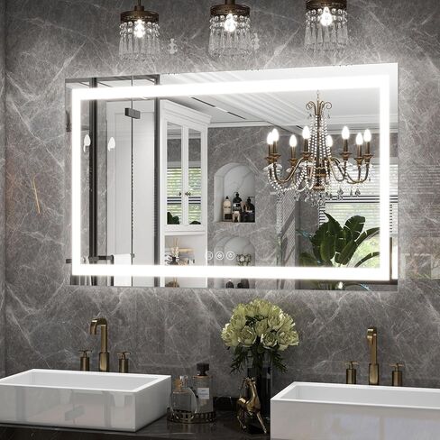 مرآة حمام LED مقاس 26 × 38 بوصة مع أضواء للجدار - إضاءة خلفية + إضاءة أمامية، 3 أوضاع ألوان، مضادة للضباب، زجاج مقسى - مرآة زينة حديثة مثبتة على الحائط in Kuwait