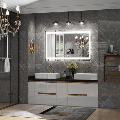 مرآة حمام LED مقاس 26 × 38 بوصة مع أضواء للجدار - إضاءة خلفية + إضاءة أمامية، 3 أوضاع ألوان، مضادة للضباب، زجاج مقسى - مرآة زينة حديثة مثبتة على الحائط in Kuwait