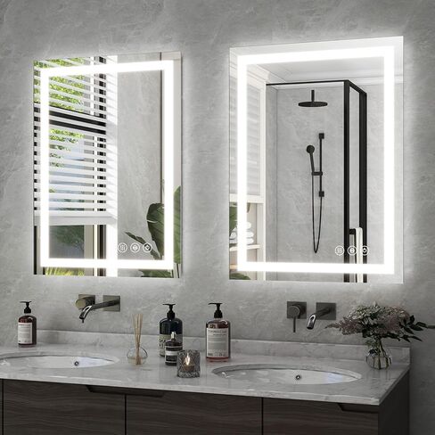 مرآة حمام LED مقاس 26 × 38 بوصة مع أضواء للجدار - إضاءة خلفية + إضاءة أمامية، 3 أوضاع ألوان، مضادة للضباب، زجاج مقسى - مرآة زينة حديثة مثبتة على الحائط in Kuwait