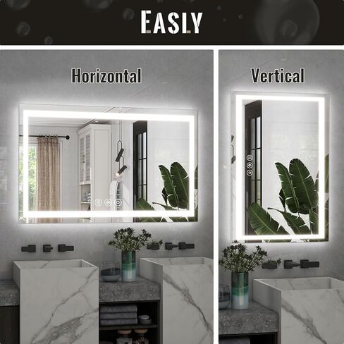 مرآة حمام LED مقاس 26 × 38 بوصة مع أضواء للجدار - إضاءة خلفية + إضاءة أمامية، 3 أوضاع ألوان، مضادة للضباب، زجاج مقسى - مرآة زينة حديثة مثبتة على الحائط in Kuwait