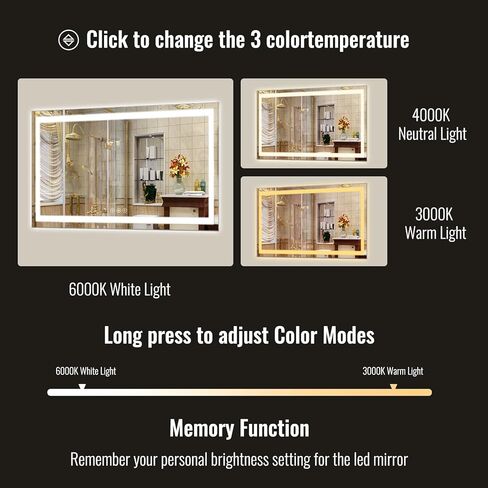 مرآة حمام LED مقاس 26 × 38 بوصة مع أضواء للجدار - إضاءة خلفية + إضاءة أمامية، 3 أوضاع ألوان، مضادة للضباب، زجاج مقسى - مرآة زينة حديثة مثبتة على الحائط in Kuwait