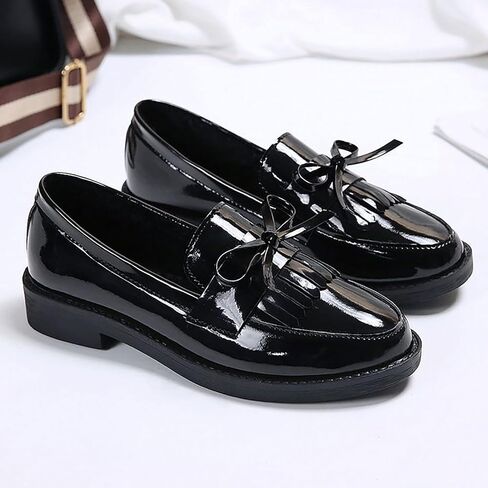 Tassel Loafers for Women's Patent Leather Low Chunky Heel Bow Dress Shoes Fashion Slip-On Block Heel Slip-On Uniform Office Office Shoes in Saudi Arabia