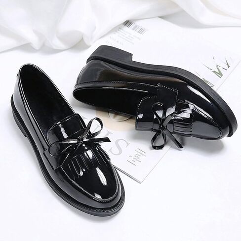 Tassel Loafers for Women's Patent Leather Low Chunky Heel Bow Dress Shoes Fashion Slip-On Block Heel Slip-On Uniform Office Office Shoes in Saudi Arabia