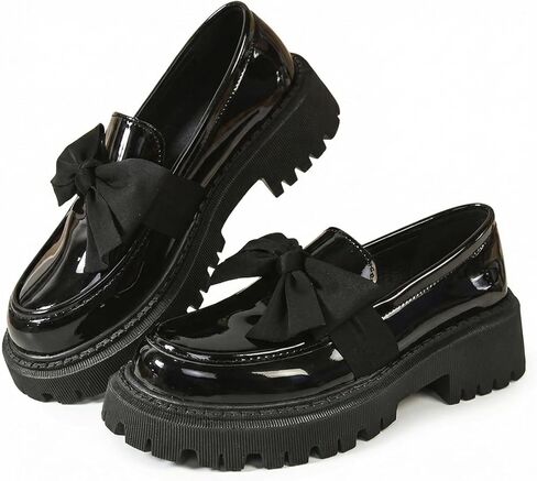 Bowknot Loafers Shoes for Women Bowknot Thick Sole Patent Leather Bows Loafers Shoes for Women Bow Retro Thick Sole Shoes Work Office Business Casual Spring & Fall Casual Patent Leather Shoe with Bow in Kuwait
