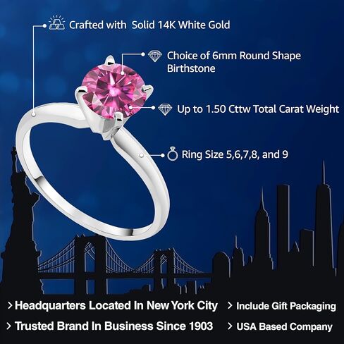 Gem Stone King 14K White Gold Personalized and Customized Solitaire 4-Prong Engagement Ring For Women | Round 6MM | Gemstone Birthstone | Wedding Engagement Anniversary Promise Ring For Women in Saudi Arabia