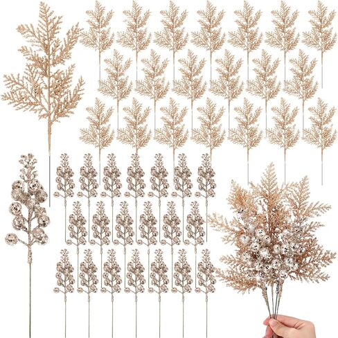 Cindeer 80 Pcs Gold Christmas Glitter Berries Stems Pine Needles Christmas Artificial Picks Fake Floral Twig Spray for Xmas Tree Ornaments DIY Wreath Garland Decorations in Saudi Arabia