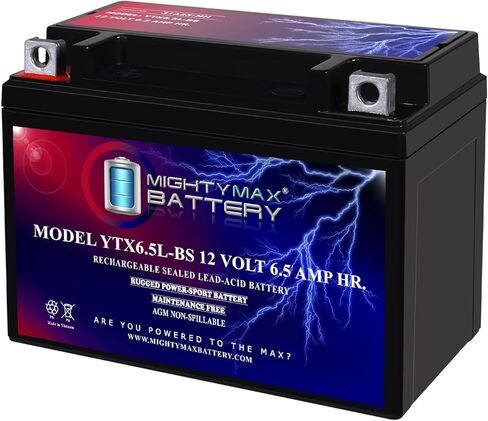 بطارية مايتي ماكس YTX6.5L-BS - 12 فولت 6.5 أمبير، 70 سي سي إيه، بطارية دراجة نارية SLA AGM قابلة لإعادة الصيانة ولا تحتاج إلى صيانة in Saudi Arabia