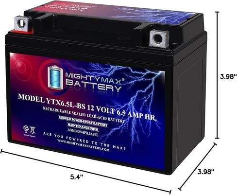 بطارية مايتي ماكس YTX6.5L-BS - 12 فولت 6.5 أمبير، 70 سي سي إيه، بطارية دراجة نارية SLA AGM قابلة لإعادة الصيانة ولا تحتاج إلى صيانة in Saudi Arabia