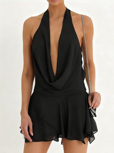 Women's Sleeveless Chiffon Halter Deep V Neck Short Dress – Solid Color Cocktail Party Dress in Saudi Arabia