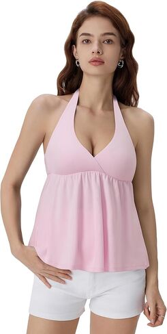 SUUKSESS Women Padded Halter Babydoll Tops Summer Backless Peplum Tank Tops Cute Flowy Going Out Tops in Saudi Arabia