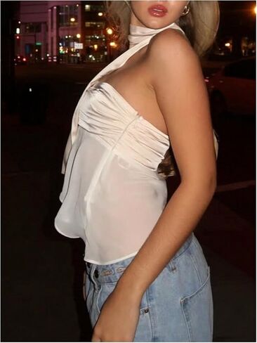 Women's Ruched Tube Tops Strapless Asymmetrical Mesh Sheer Top with Scarf in Saudi Arabia