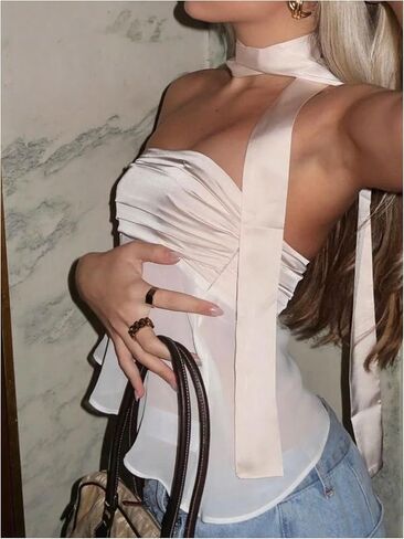 Women's Ruched Tube Tops Strapless Asymmetrical Mesh Sheer Top with Scarf in Saudi Arabia