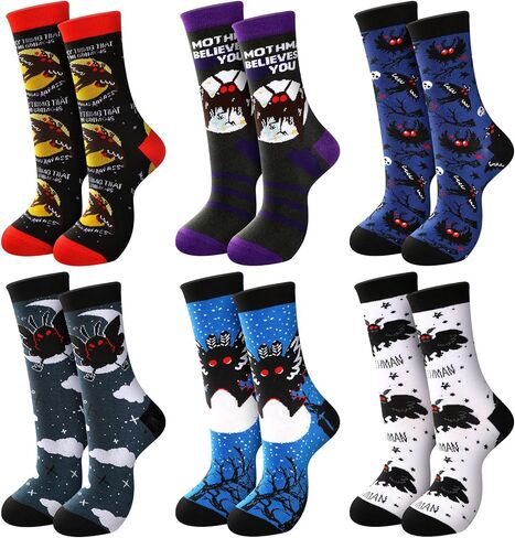 6 Pairs Mothman Socks Crew Adult Sock Novelty Cotton Crew Socks for Men Women Adult Ideas Family Friends Funny Christmas Father's Day Stuff Gifts in Saudi Arabia