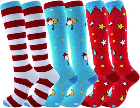 3 أزواج من جورب فيلم مضحك باللونين الأحمر والأبيض مخطط جوارب طويلة إلى الركب، شخصيات الكتاب المجنون، إكسسوارات أزياء القطط للحفلات in Kuwait