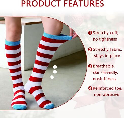 3 أزواج من جورب فيلم مضحك باللونين الأحمر والأبيض مخطط جوارب طويلة إلى الركب، شخصيات الكتاب المجنون، إكسسوارات أزياء القطط للحفلات in Kuwait