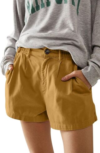 Allimy Womens 2026 Casual Summer Elastic Waist High Waist Pleated Button Zipped Shorts Wide Leg Trousers with Pockets in Saudi Arabia