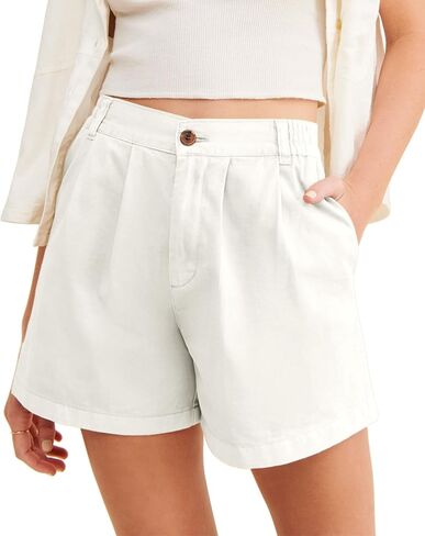 Allimy Womens 2026 Casual Summer Elastic Waist High Waist Pleated Button Zipped Shorts Wide Leg Trousers with Pockets in Saudi Arabia