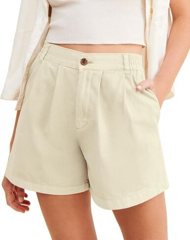 Allimy Womens 2026 Casual Summer Elastic Waist High Waist Pleated Button Zipped Shorts Wide Leg Trousers with Pockets in Saudi Arabia