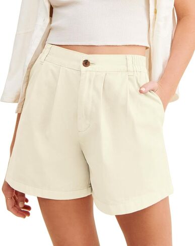 Allimy Womens 2026 Casual Summer Elastic Waist High Waist Pleated Button Zipped Shorts Wide Leg Trousers with Pockets in Saudi Arabia