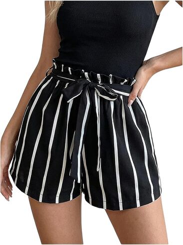 Women's Striped Wide Leg Shorts Summer Belted High Waisted Dressy Casual Shorts in Saudi Arabia