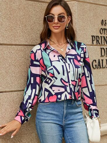 Womens Long Sleeve Button Down Shirt Geometric Print Fashion Casual Blouse Tops in Saudi Arabia