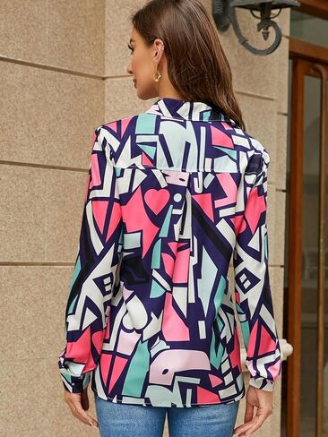 Womens Long Sleeve Button Down Shirt Geometric Print Fashion Casual Blouse Tops in Saudi Arabia