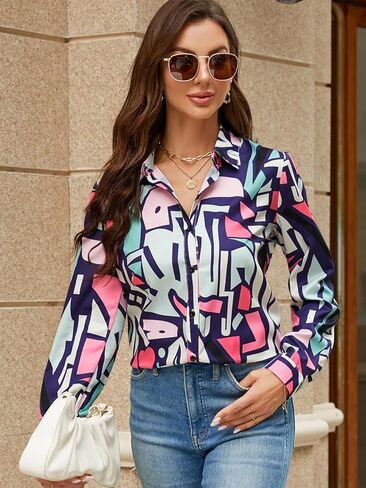 Womens Long Sleeve Button Down Shirt Geometric Print Fashion Casual Blouse Tops in Saudi Arabia