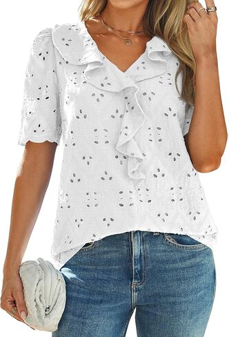BerryGo Women's Cotton Eyelet Tops Blouse 2026 Casual Boho Embroidered Short Sleeve Fully Lined Summer Dressy Shirts in Saudi Arabia