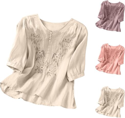 3/4 Length Sleeve Womens Tops V Neck Floral Embroidered Linen Shirt Summer Three Quarter Sleeve Tops Gauze Blouse in Saudi Arabia