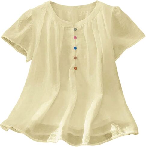 Floerns Women's Summer Button Down Shirts Casual Short Sleeve Crew Neck Cute Blouse Tops in Saudi Arabia