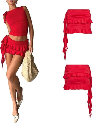 2 Piece Mni Skirt Set for Women Lace Up Back Crop Tops Tie Up High Waist Short Skirt Set in Saudi Arabia