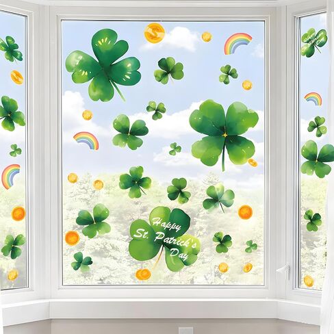 St. Patricks Day Window Clings Decorations - Double Sided Shamrock Window Stickers - 117 Pcs Reusable Static Decals for Home, Office, Classroom & Car Party Supplies (Glue-Free) in Saudi Arabia